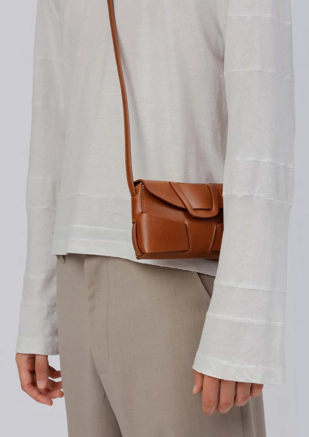 Tan Geometric Stitch Magnetic Mini Crossbody Bag