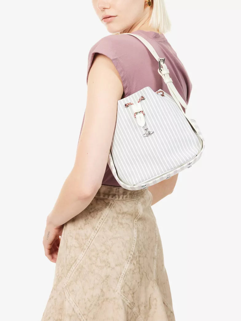 Striped Canvas Drawstring Mini Bucket Shoulder Bag