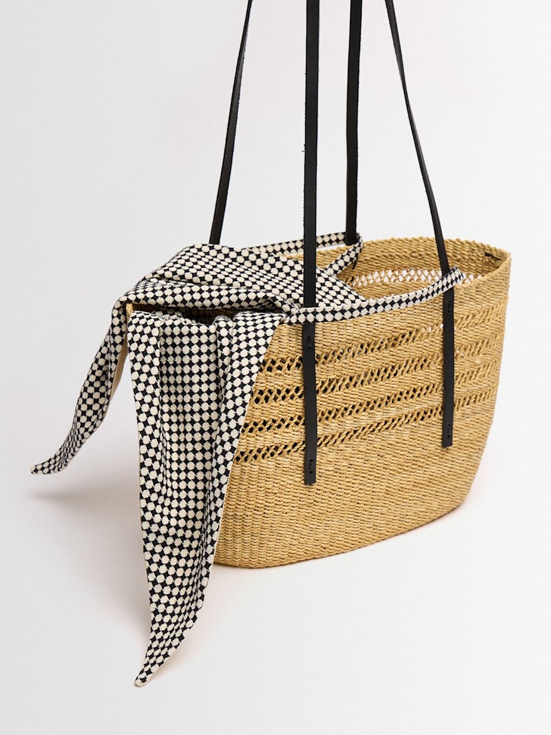 Natural Woven Straw Tote Bag with Black Straps & Printed Inner Pouch