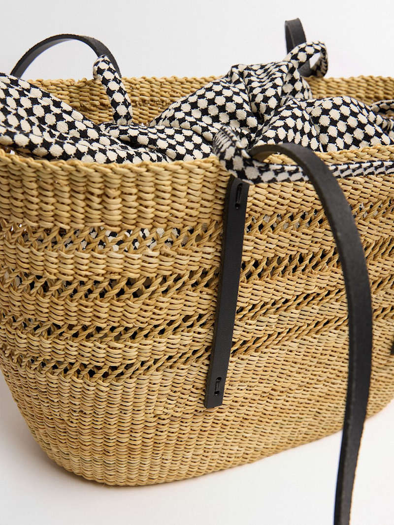 Natural Woven Straw Tote Bag with Black Straps & Printed Inner Pouch