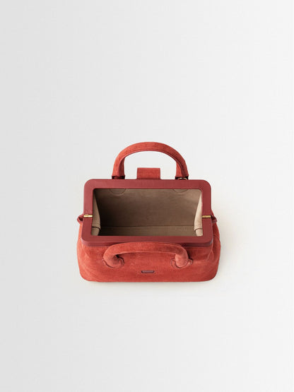 Rust Suede Metal Frame Mini Top Handle Bag