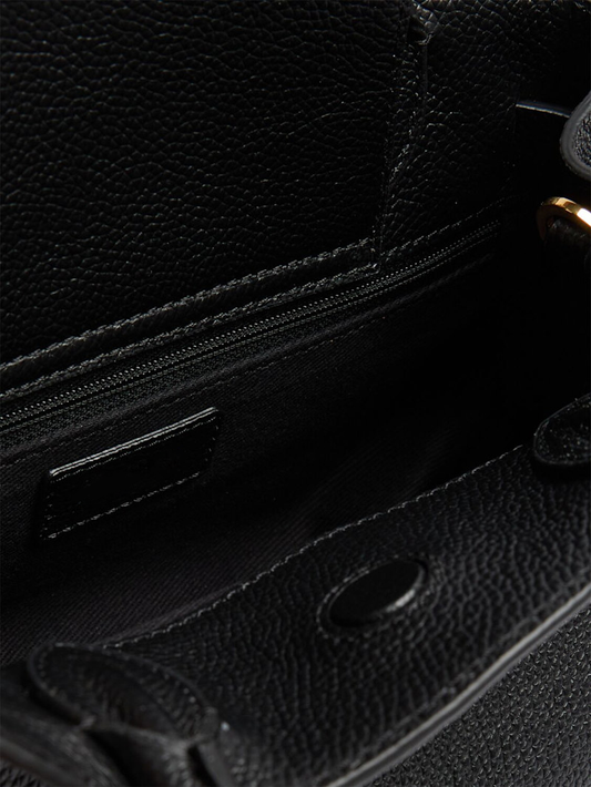 Black Grained Leather Gold Lock Top Handle Tote Bag