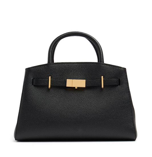Black Grained Leather Gold Lock Top Handle Tote Bag