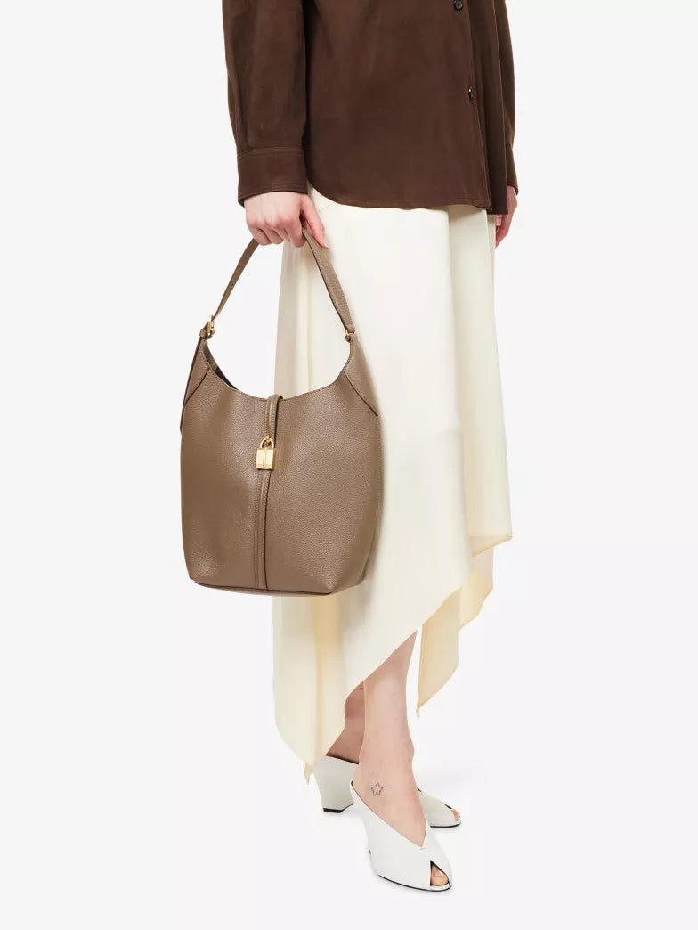 Taupe Grained Lock Detail Soft Hobo Shoulder Bag