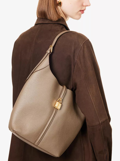 Taupe Grained Lock Detail Soft Hobo Shoulder Bag