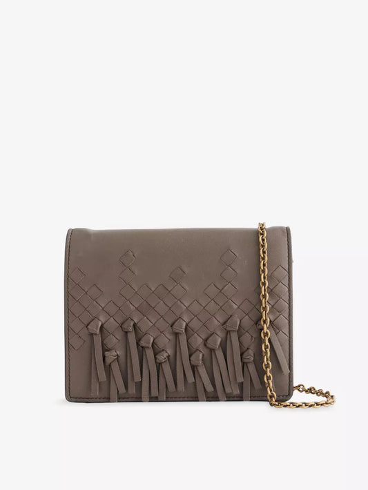 Taupe Woven Fringe Flap Vintage Chain Crossbody Bag