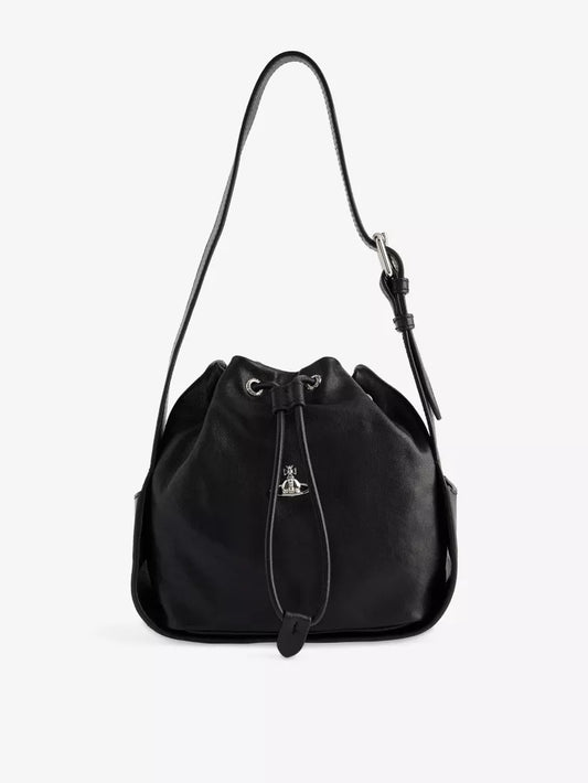 Black Soft Drawstring Logo Mini Bucket Shoulder Bag