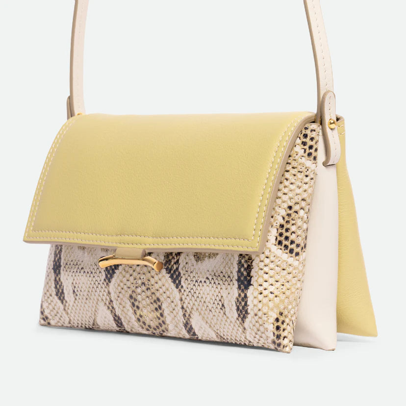 Lemon Snake Print Color Block Fold Magnetic Crossbody Clutch Bag