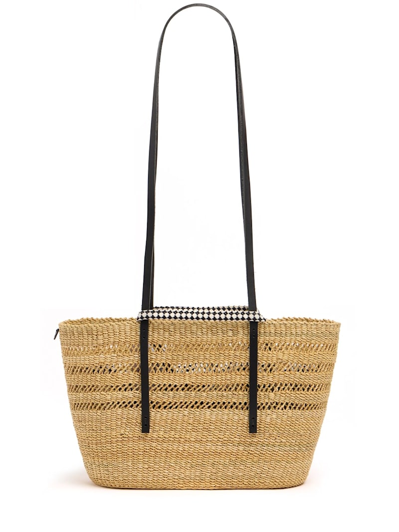 Natural Woven Straw Tote Bag with Black Straps & Printed Inner Pouch