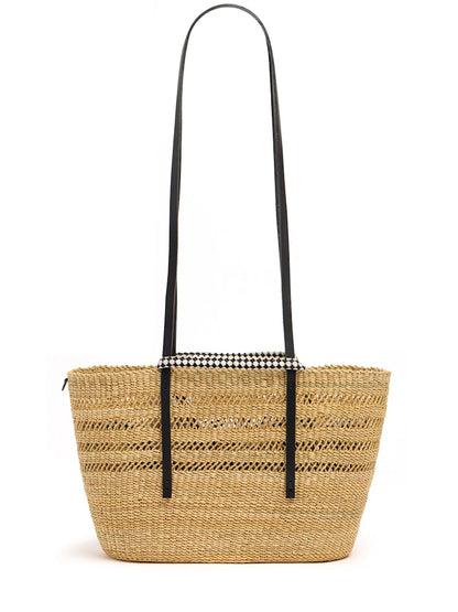 Natural Woven Straw Tote Bag with Black Straps & Printed Inner Pouch