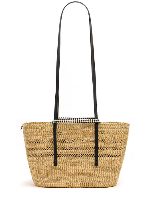 Natural Woven Straw Tote Bag with Black Straps & Printed Inner Pouch